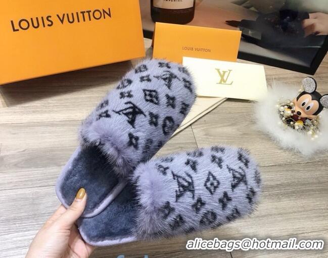 Best Product Louis Vuitton Monogram Mink Fur and Wool Homey Flats Mules 20926 Blue 2020