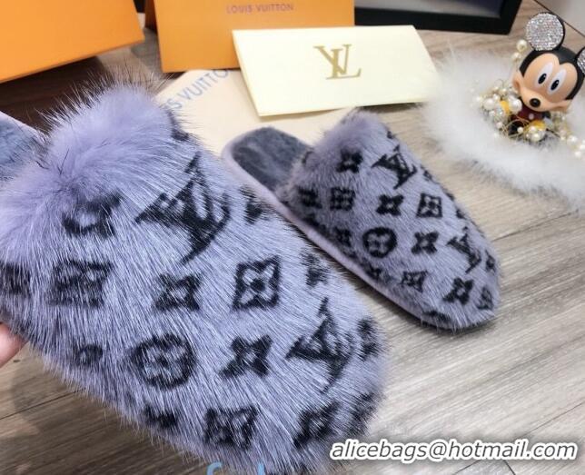 Best Product Louis Vuitton Monogram Mink Fur and Wool Homey Flats Mules 20926 Blue 2020