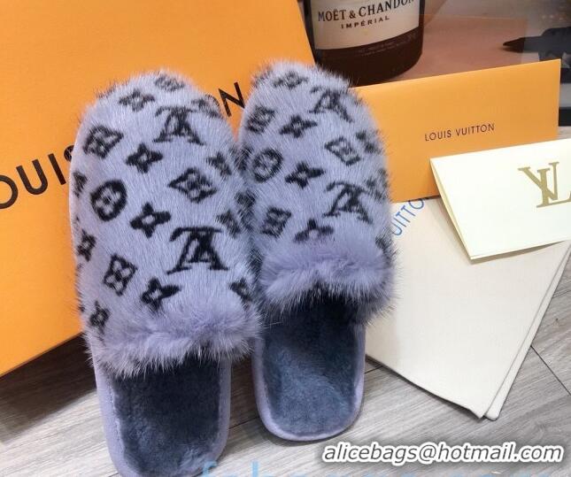 Best Product Louis Vuitton Monogram Mink Fur and Wool Homey Flats Mules 20926 Blue 2020