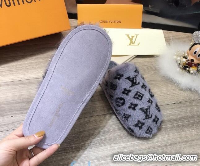 Best Product Louis Vuitton Monogram Mink Fur and Wool Homey Flats Mules 20926 Blue 2020