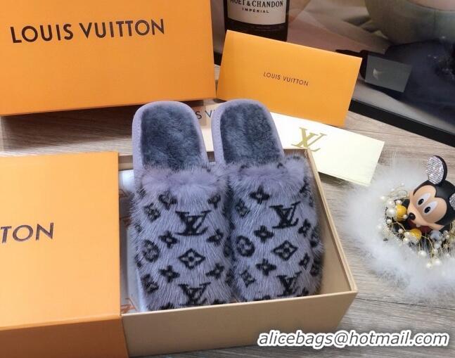 Best Product Louis Vuitton Monogram Mink Fur and Wool Homey Flats Mules 20926 Blue 2020