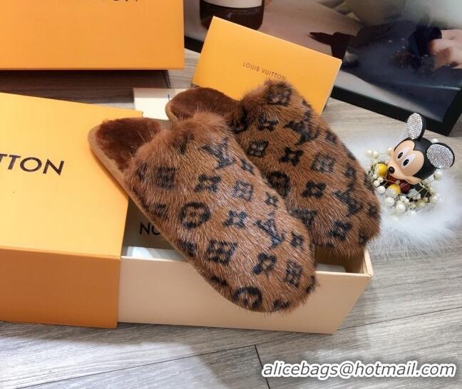 Good Quality Louis Vuitton Monogram Mink Fur and Wool Homey Flats Mules 20926 Brown 2020