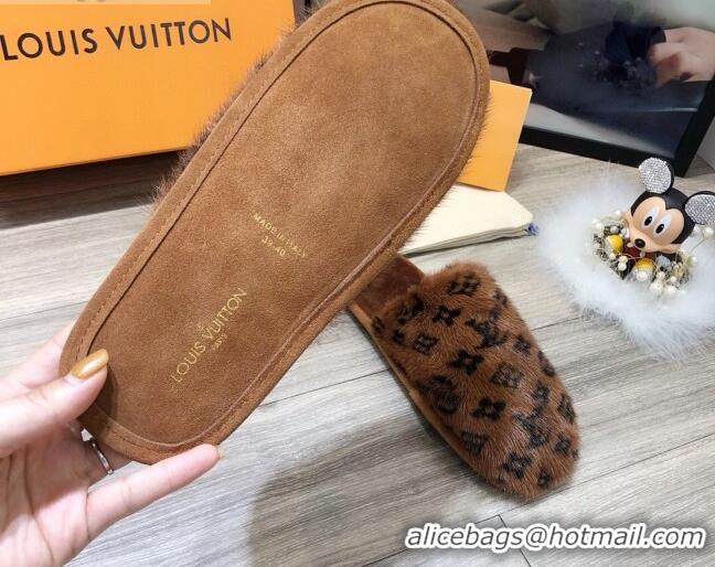 Good Quality Louis Vuitton Monogram Mink Fur and Wool Homey Flats Mules 20926 Brown 2020