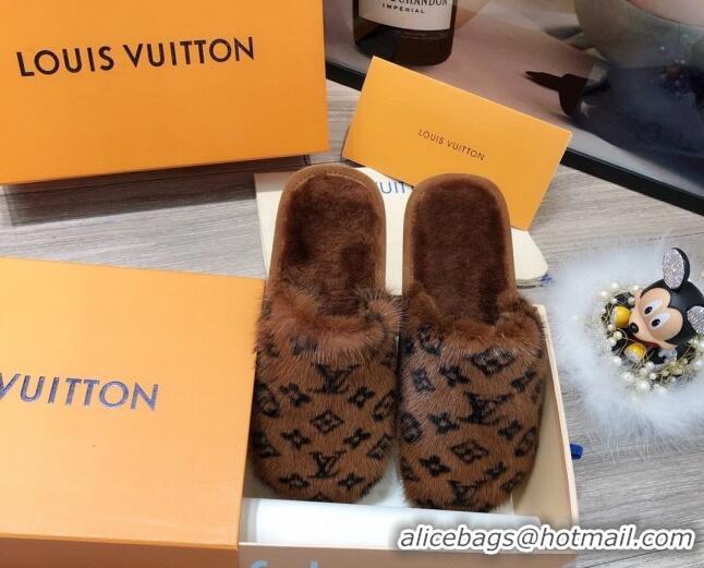 Good Quality Louis Vuitton Monogram Mink Fur and Wool Homey Flats Mules 20926 Brown 2020