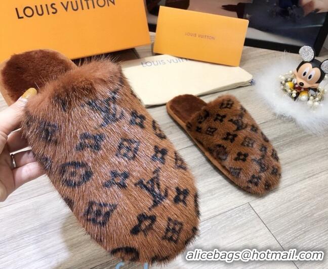 Good Quality Louis Vuitton Monogram Mink Fur and Wool Homey Flats Mules 20926 Brown 2020