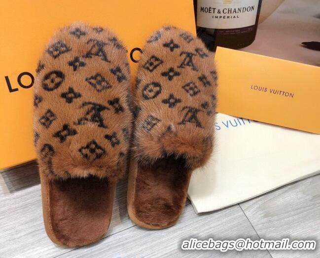 Good Quality Louis Vuitton Monogram Mink Fur and Wool Homey Flats Mules 20926 Brown 2020