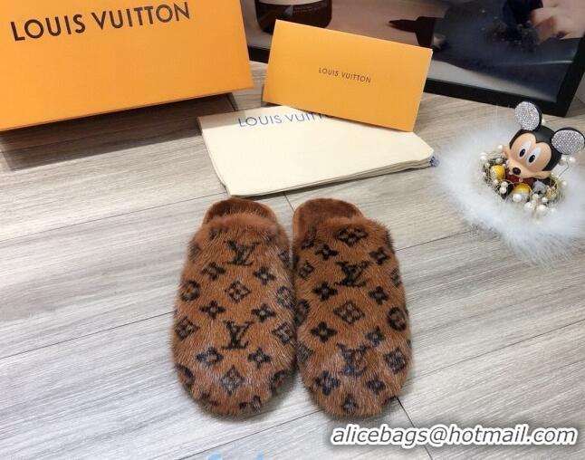 Good Quality Louis Vuitton Monogram Mink Fur and Wool Homey Flats Mules 20926 Brown 2020