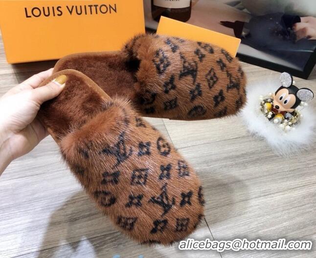 Good Quality Louis Vuitton Monogram Mink Fur and Wool Homey Flats Mules 20926 Brown 2020