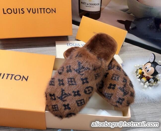 Good Quality Louis Vuitton Monogram Mink Fur and Wool Homey Flats Mules 20926 Brown 2020