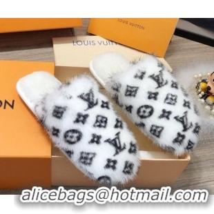 Good Taste Louis Vuitton Monogram Mink Fur and Wool Homey Flats Mules 20926 White 2020