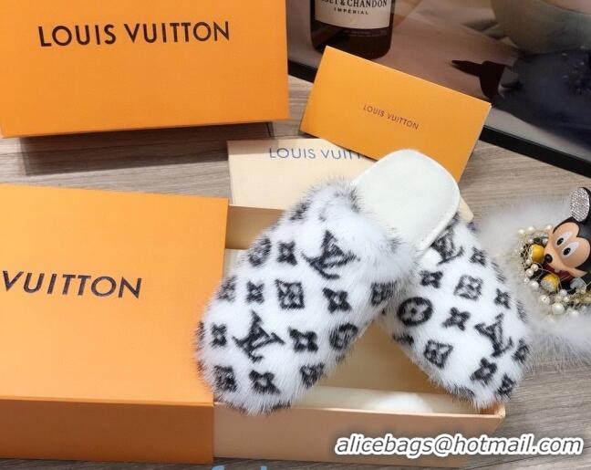 Good Taste Louis Vuitton Monogram Mink Fur and Wool Homey Flats Mules 20926 White 2020