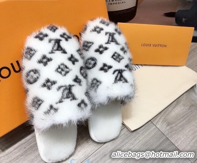 Good Taste Louis Vuitton Monogram Mink Fur and Wool Homey Flats Mules 20926 White 2020