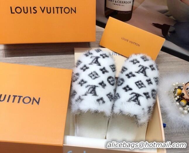 Good Taste Louis Vuitton Monogram Mink Fur and Wool Homey Flats Mules 20926 White 2020