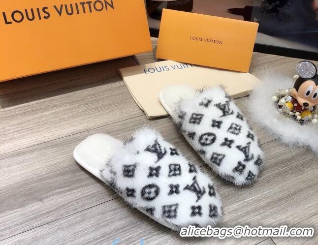 Good Taste Louis Vuitton Monogram Mink Fur and Wool Homey Flats Mules 20926 White 2020