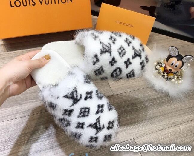 Good Taste Louis Vuitton Monogram Mink Fur and Wool Homey Flats Mules 20926 White 2020