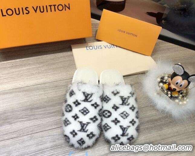 Good Taste Louis Vuitton Monogram Mink Fur and Wool Homey Flats Mules 20926 White 2020