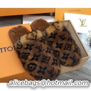 Good Quality Louis Vuitton Monogram Mink Fur and Wool Homey Flats Mules 20926 Dark Brown 2020