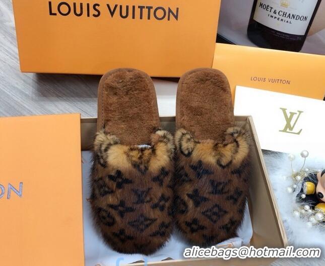 Good Quality Louis Vuitton Monogram Mink Fur and Wool Homey Flats Mules 20926 Dark Brown 2020