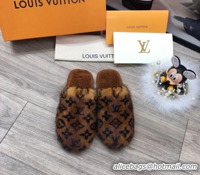 Good Quality Louis Vuitton Monogram Mink Fur and Wool Homey Flats Mules 20926 Dark Brown 2020