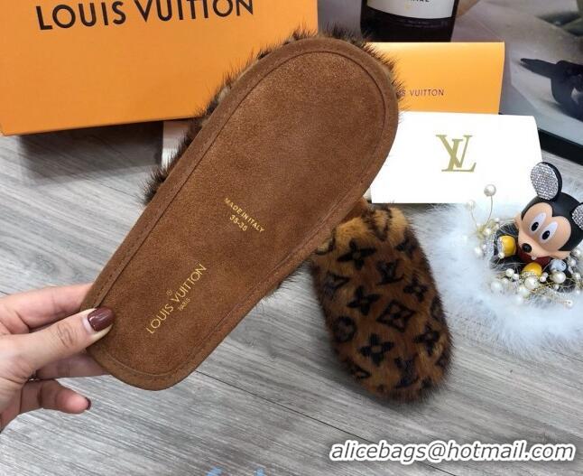 Good Quality Louis Vuitton Monogram Mink Fur and Wool Homey Flats Mules 20926 Dark Brown 2020