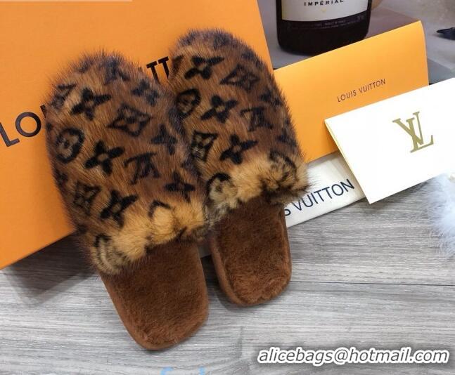 Good Quality Louis Vuitton Monogram Mink Fur and Wool Homey Flats Mules 20926 Dark Brown 2020