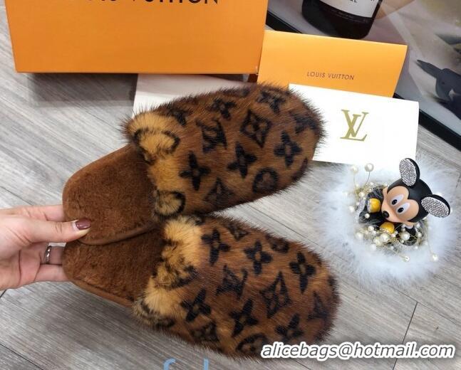 Good Quality Louis Vuitton Monogram Mink Fur and Wool Homey Flats Mules 20926 Dark Brown 2020