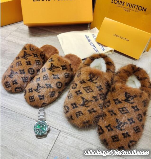 Low Price Louis Vuitton Monogram Mink Fur and Wool Homey Flats Mules 20930 Brown 2020