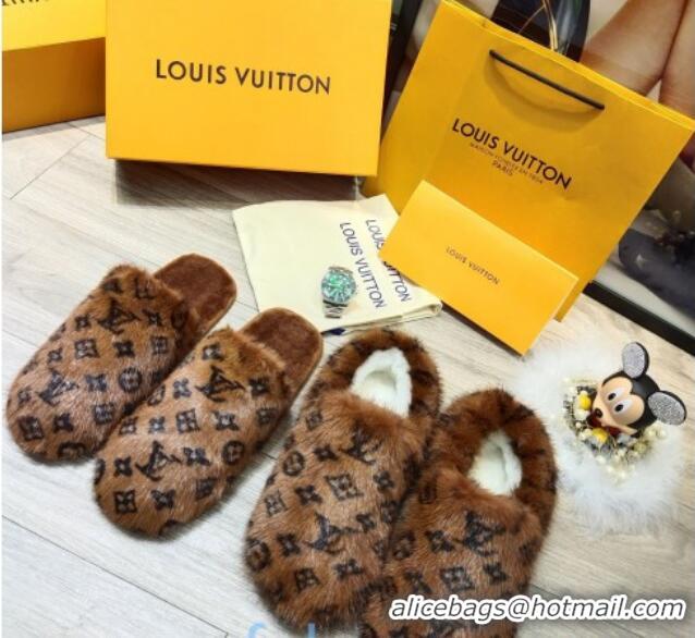 Low Price Louis Vuitton Monogram Mink Fur and Wool Homey Flats Mules 20930 Brown 2020