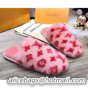 Best Grade Louis Vuitton Monogram Mink Fur and Wool Homey Flats Mules Pink/Red 20931