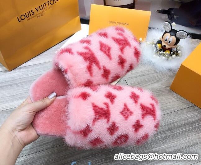 Best Grade Louis Vuitton Monogram Mink Fur and Wool Homey Flats Mules Pink/Red 20931