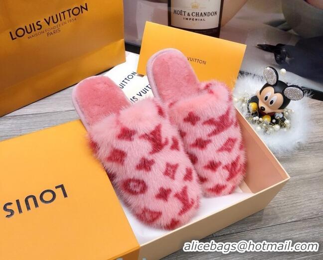 Best Grade Louis Vuitton Monogram Mink Fur and Wool Homey Flats Mules Pink/Red 20931