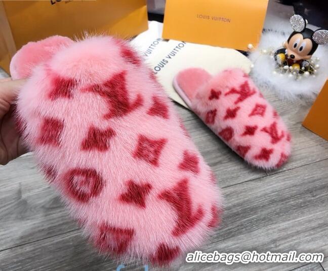 Best Grade Louis Vuitton Monogram Mink Fur and Wool Homey Flats Mules Pink/Red 20931