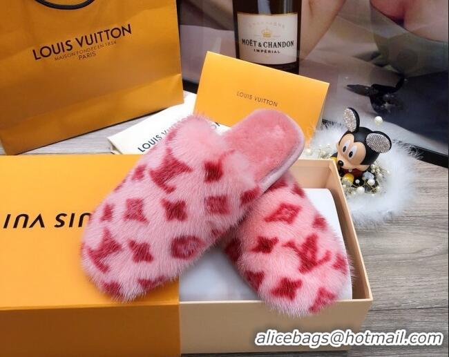 Best Grade Louis Vuitton Monogram Mink Fur and Wool Homey Flats Mules Pink/Red 20931