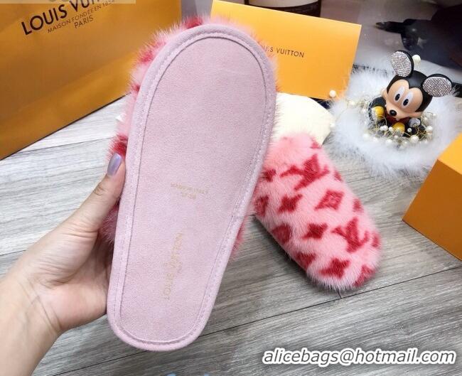 Best Grade Louis Vuitton Monogram Mink Fur and Wool Homey Flats Mules Pink/Red 20931