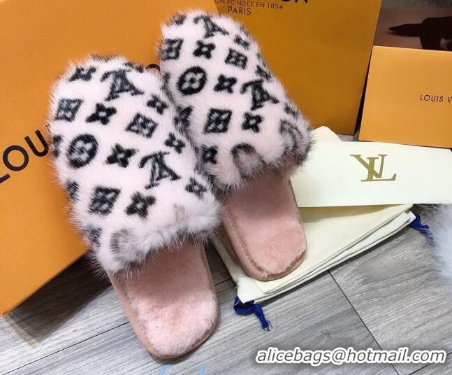 Durable Louis Vuitton Monogram Mink Fur and Wool Homey Flats Mules 20931 Pink/Black