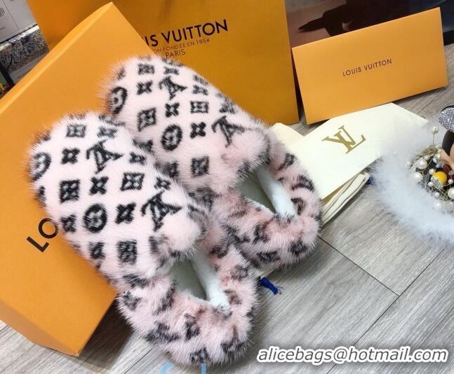 Good Looking Louis Vuitton Monogram Mink Fur and Wool Homey Flats Loafers 20932 Pink/Black