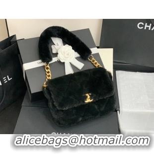 Famous Brand Chanel flap bag Shearling Lambskin & Gold-Tone Metal AS2240 black