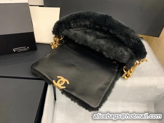 Famous Brand Chanel flap bag Shearling Lambskin & Gold-Tone Metal AS2240 black