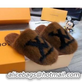 Stylish Louis Vuitton LV Mink Fur and Wool Homey Flats Mules 20934 Brown