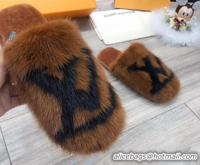 Stylish Louis Vuitton LV Mink Fur and Wool Homey Flats Mules 20934 Brown