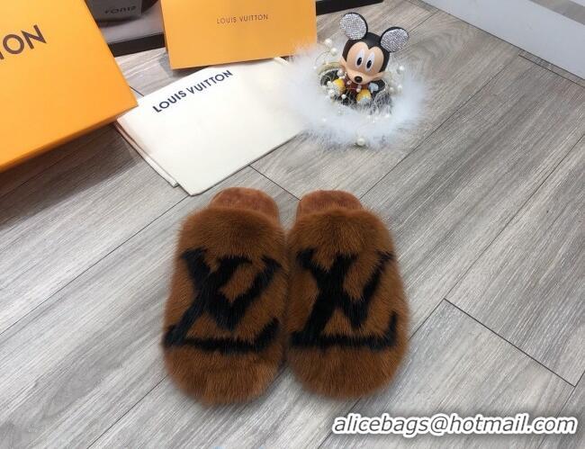 Stylish Louis Vuitton LV Mink Fur and Wool Homey Flats Mules 20934 Brown