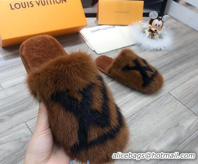 Stylish Louis Vuitton LV Mink Fur and Wool Homey Flats Mules 20934 Brown