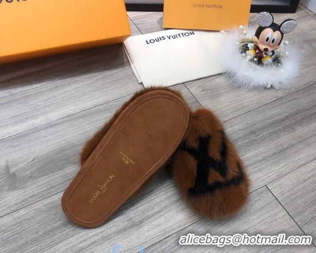 Stylish Louis Vuitton LV Mink Fur and Wool Homey Flats Mules 20934 Brown