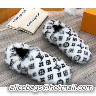 Luxury Cheap Louis Vuitton Monogram Mink Fur and Wool Homey Flats Loafers 20938 White/Black 2020