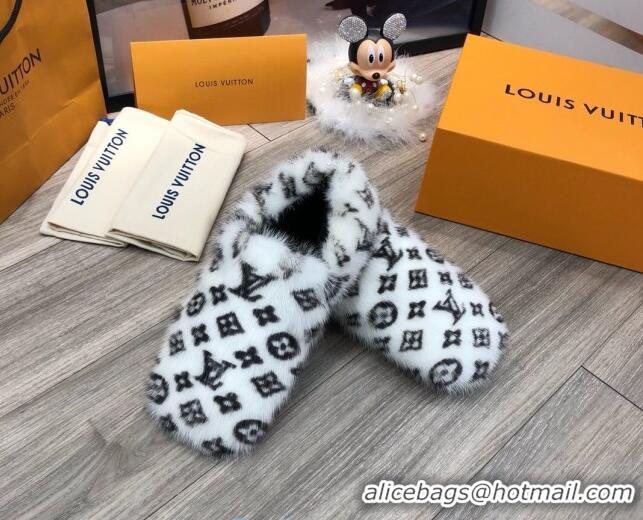 Luxury Cheap Louis Vuitton Monogram Mink Fur and Wool Homey Flats Loafers 20938 White/Black 2020