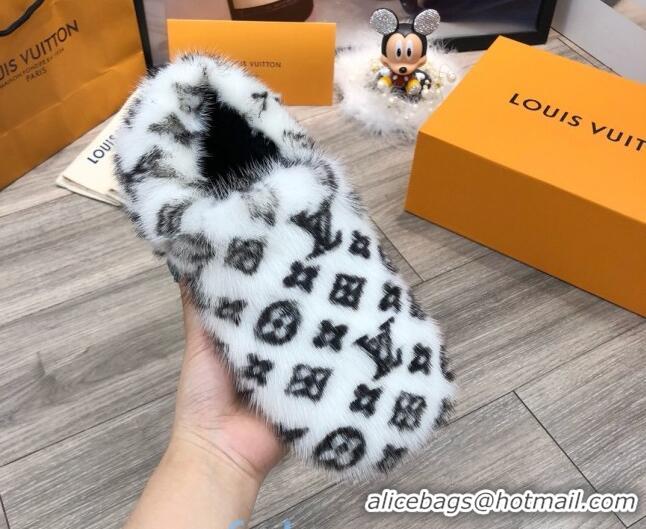 Luxury Cheap Louis Vuitton Monogram Mink Fur and Wool Homey Flats Loafers 20938 White/Black 2020