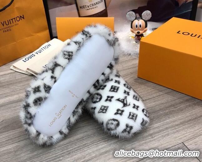 Luxury Cheap Louis Vuitton Monogram Mink Fur and Wool Homey Flats Loafers 20938 White/Black 2020