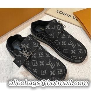 Chic Louis Vuitton LV Cosy Monogram Denim Mules Black 20930