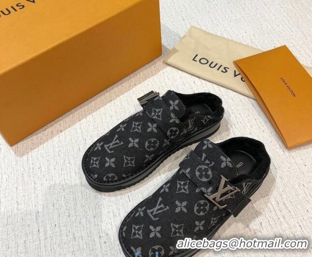 Chic Louis Vuitton LV Cosy Monogram Denim Mules Black 20930