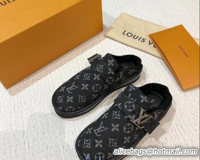 Chic Louis Vuitton LV Cosy Monogram Denim Mules Black 20930